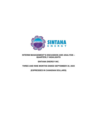 Thumbnail Sintana Energy Quarterly Report 2025-q3