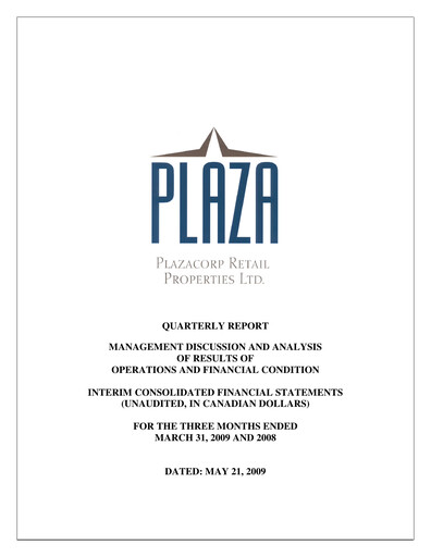 Thumbnail Plaza Retail REIT Quarterly Report 2009-q1