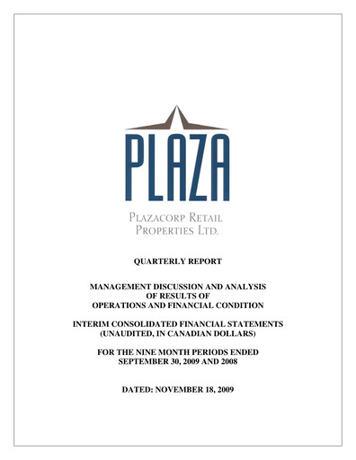 Thumbnail Plaza Retail REIT Quarterly Report 2009-q3