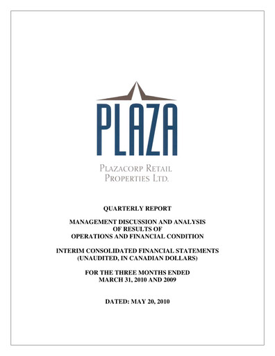 Thumbnail Plaza Retail REIT Quarterly Report 2010-q1