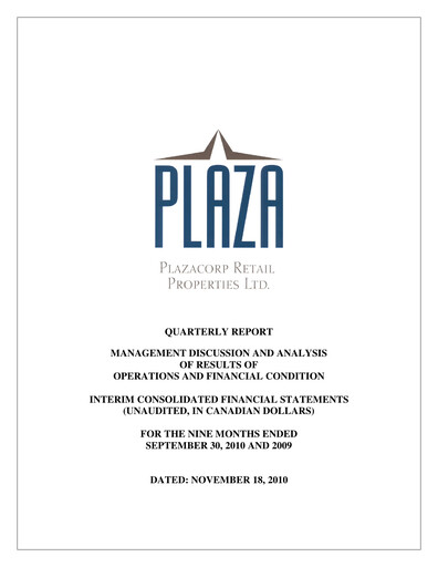 Thumbnail Plaza Retail REIT Quarterly Report 2010-q3