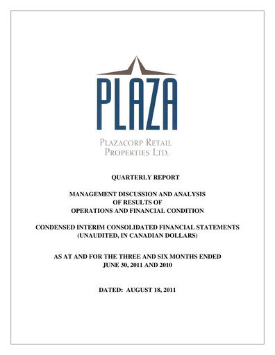 Thumbnail Plaza Retail REIT Quarterly Report 2011-q2