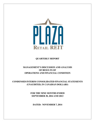 Thumbnail Plaza Retail REIT Quarterly Report 2014-q3