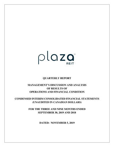 Thumbnail Plaza Retail REIT Quarterly Report 2019-q3