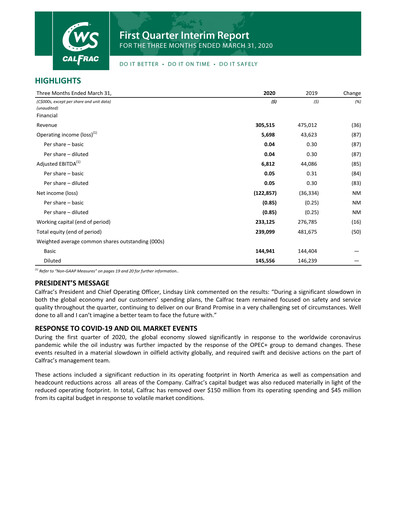 Miniature Calfrac Well Services Rapport trimestriel 2020-q1