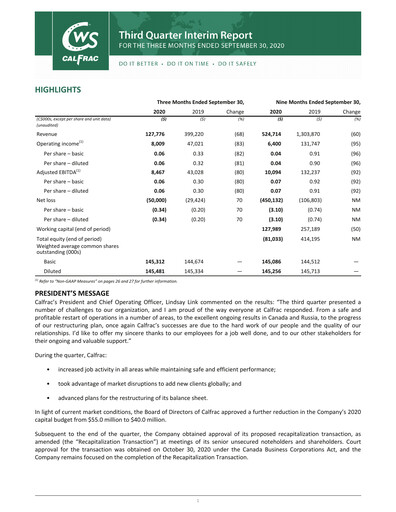 Miniature Calfrac Well Services Rapport trimestriel 2020-q3