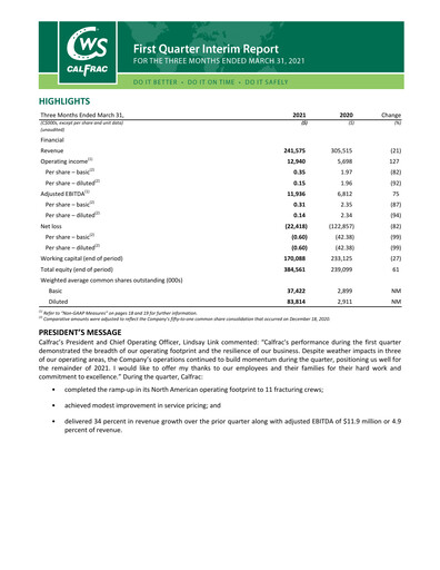 Miniature Calfrac Well Services Rapport trimestriel 2021-q1