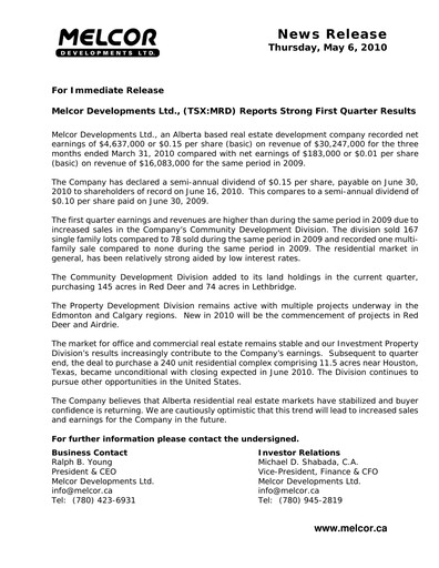 Thumbnail Melcor Developments Quarterly Report 2010-q1