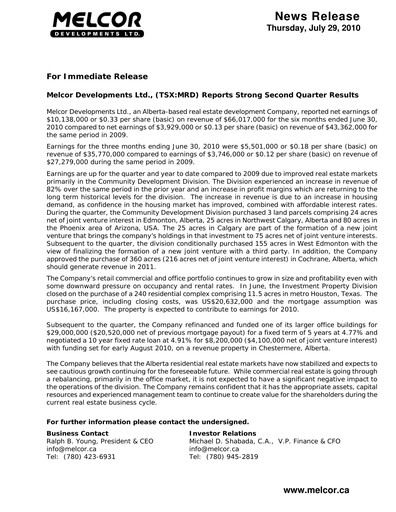 Thumbnail Melcor Developments Quarterly Report 2010-q2
