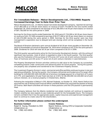 Thumbnail Melcor Developments Quarterly Report 2010-q3