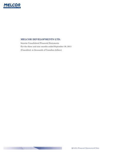 Thumbnail Melcor Developments Quarterly Report 2011-q3