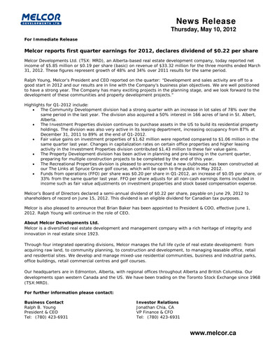 Thumbnail Melcor Developments Quarterly Report 2012-q1
