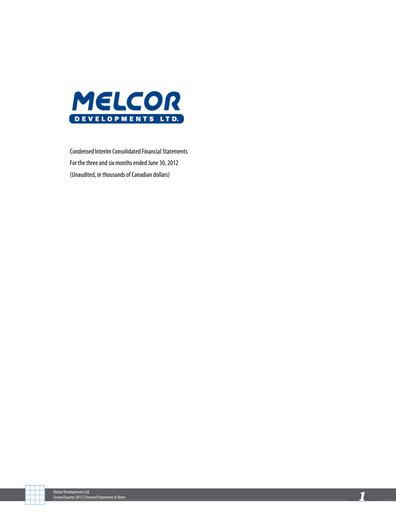 Thumbnail Melcor Developments Quarterly Report 2012-q2