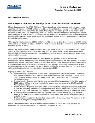 Thumbnail Melcor Developments Quarterly Report 2012-q3