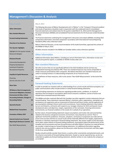 Thumbnail Melcor Developments Quarterly Report 2013-q1