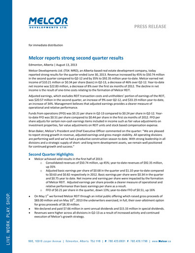 Thumbnail Melcor Developments Quarterly Report 2013-q2