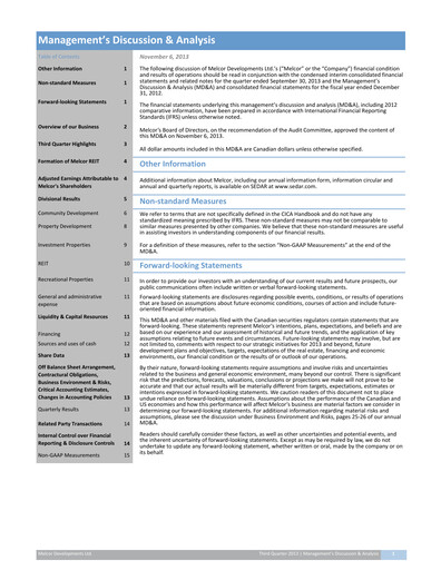 Thumbnail Melcor Developments Quarterly Report 2013-q3