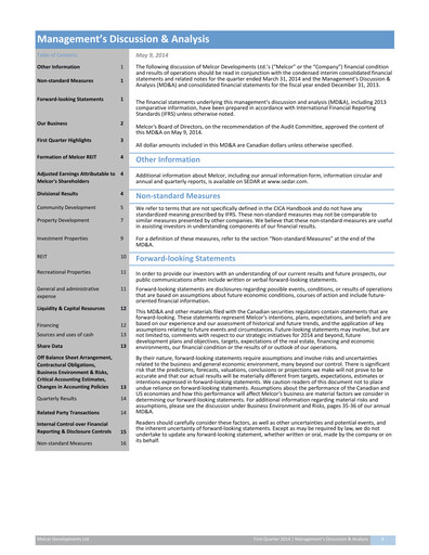 Thumbnail Melcor Developments Quarterly Report 2014-q1