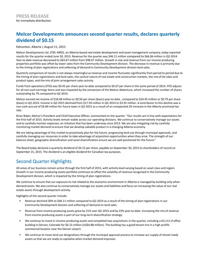 Thumbnail Melcor Developments Quarterly Report 2015-q2