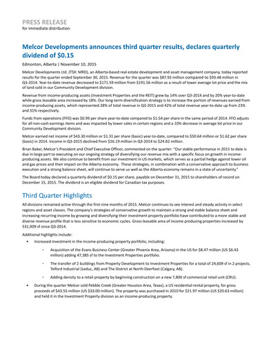 Thumbnail Melcor Developments Quarterly Report 2015-q3