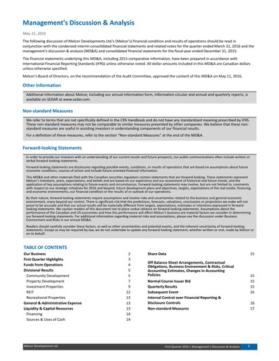 Thumbnail Melcor Developments Quarterly Report 2016-q1
