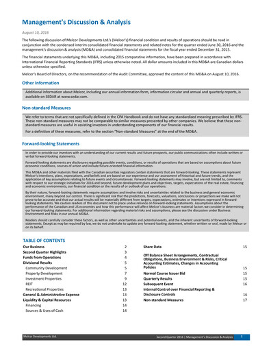 Thumbnail Melcor Developments Quarterly Report 2016-q2
