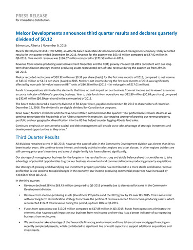 Thumbnail Melcor Developments Quarterly Report 2016-q3