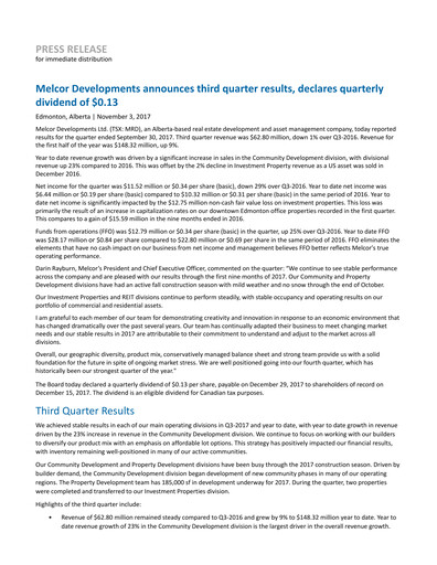 Thumbnail Melcor Developments Quarterly Report 2017-q3