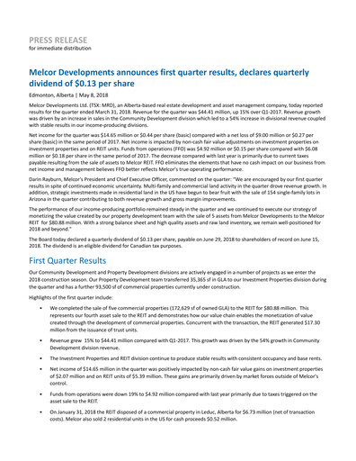 Thumbnail Melcor Developments Quarterly Report 2018-q1
