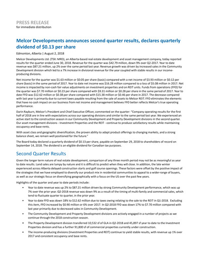 Thumbnail Melcor Developments Quarterly Report 2018-q2
