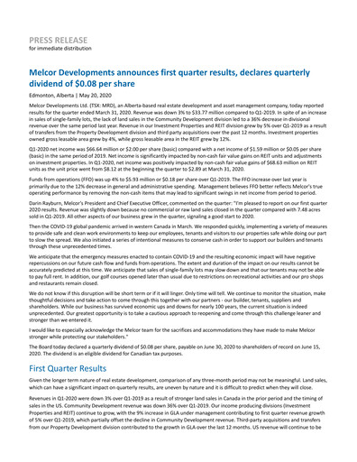 Thumbnail Melcor Developments Quarterly Report 2020-q1