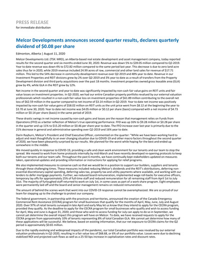 Thumbnail Melcor Developments Quarterly Report 2020-q2