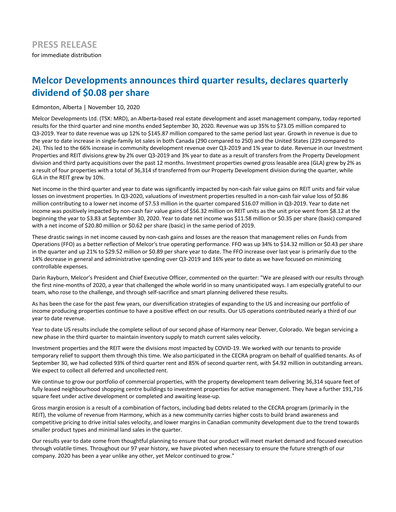 Thumbnail Melcor Developments Quarterly Report 2020-q3