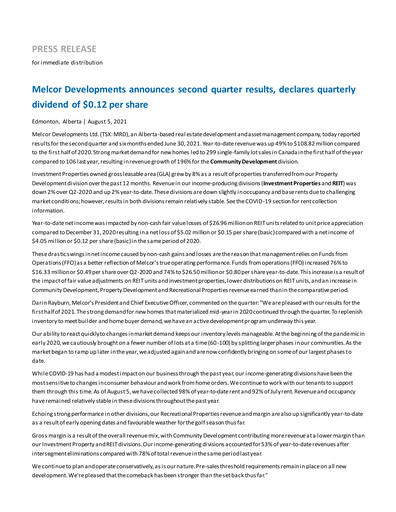 Thumbnail Melcor Developments Quarterly Report 2021-q2