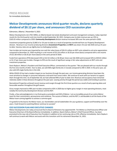 Thumbnail Melcor Developments Quarterly Report 2021-q3