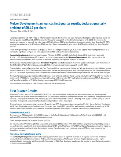 Thumbnail Melcor Developments Quarterly Report 2022-q1