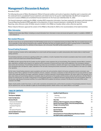Thumbnail Melcor Developments Quarterly Report 2023-q3