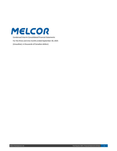 Thumbnail Melcor Developments Quarterly Report 2025-q3