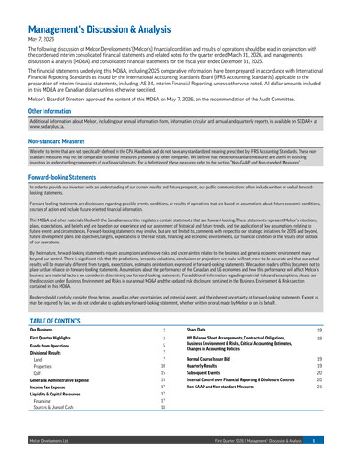 Miniature Melcor Developments Rapport trimestriel 2026-q1