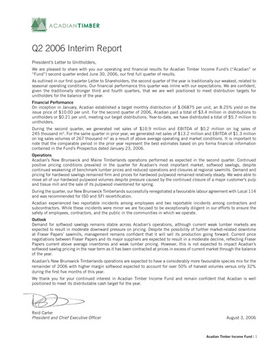 Thumbnail Acadian Timber Quarterly Report 2006-q2