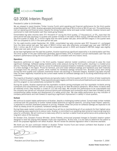 Thumbnail Acadian Timber Quarterly Report 2006-q3