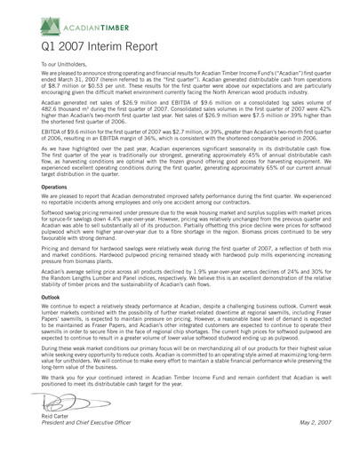 Thumbnail Acadian Timber Quarterly Report 2007-q1