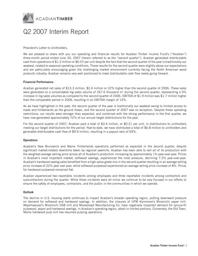 Thumbnail Acadian Timber Quarterly Report 2007-q2