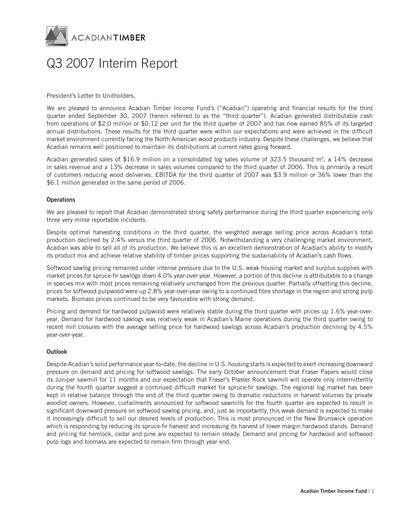 Thumbnail Acadian Timber Quarterly Report 2007-q3