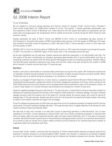 Thumbnail Acadian Timber Quarterly Report 2008-q1