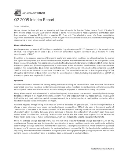 Thumbnail Acadian Timber Quarterly Report 2008-q2