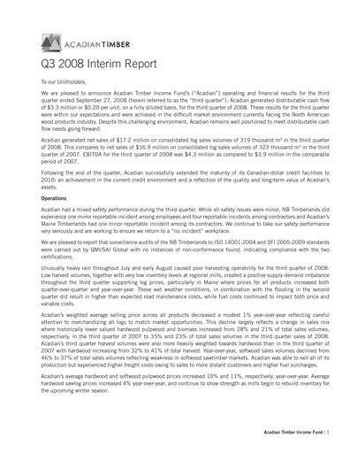 Thumbnail Acadian Timber Quarterly Report 2008-q3