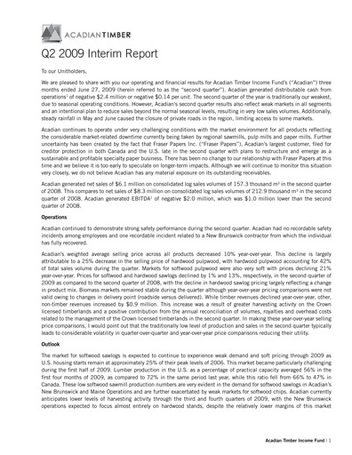 Thumbnail Acadian Timber Quarterly Report 2009-q2