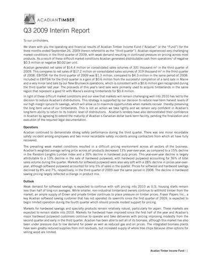 Thumbnail Acadian Timber Quarterly Report 2009-q3