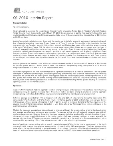 Thumbnail Acadian Timber Quarterly Report 2010-q1